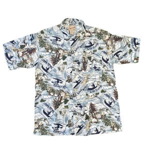 Woolrich Rugged Outdoor Wear White Water Rafting All Over Print Shortsleeve Sz L